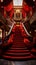 Red carpeted staircase with red drapes on it. Generative AI