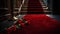 a red carpeted staircase with red roses on the floor