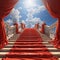 Red-Carpeted Stairway to Heaven with Roman, Greek Style Banisters, Leading to a Beautiful Blue Sky and a Bright Sun