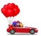 Red cartoon cabriolet car full of gift boxes and bunch of balloons