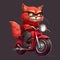 A red cartoon cat wearing sunglasses and a scarf rides a motorcycle. The cat's raised fluffy tail and its confident