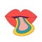 Red cartoon lips with protruding rainbow tongue. Retro groovy 1970 style, hippie vintage nostalgic icon. For card poster stickers