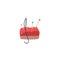 Red cartoon pin cushion with colorful pins and sewing needle with thread