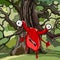 Red cartoonish fantasy creature looks scared standing next to a large tree