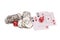 Red casino dice, four aces playing cards and casino chips