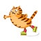 Red cat is afraid, but rides on roller skates. Vector cartoon image.