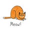 Red Cat cute funny character in doodle cartoon style. Ginger grumpy suspicious cat