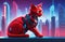 Red cat of cybernetics, against the backdrop of a city landscape