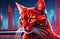 Red cat of cybernetics, against the backdrop of a city landscape