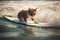 Red cat on holiday rides a surfboard, realistic style. Vacation, sport, surfing, summer time concept