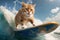 Red cat on holiday rides a surfboard, realistic style. Vacation, sport, surfing, summer time concept