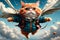 red cat in a jacket flies in the sky, parachuting, playing sports