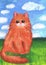 The red cat sits on the grass. Children`s drawing