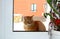 Red cat sits outside the window and wants to house