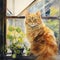 A red cat sits on the windowsill and looks out the window. AI generated Generative AI