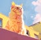 a red cat sits among yellow houses, a little hunter, a summer day generated by AI, a generative assistant.