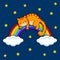 Red cat sleeps on a rainbow. Night sky and stars.Vector illustration.