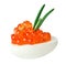 Red caviar canape with quail egg and rosemary twig