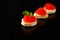 Red caviar canape or sandwich with red snack salmon fish, seafood. food background. top view