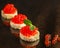 Red caviar canape or sandwich with red snack salmon fish, seafood. food background. top view