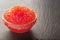 Red caviar in  glass bowl; magnesium; iron; phosphorus; iodine; A and E; Vitamin D; high value protein