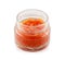 Red caviar in a glass jar