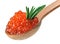 Red caviar heap in wooden spoon with rosemary leaf