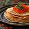 Red Caviar Pancakes, Caviar Crepes Closeup, Gourmet Breakfast, Luxury Blini with Copy Space