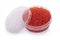 Red caviar in plastic container