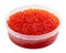 Red caviar in plastic container isolated on white background. Close-up, macro