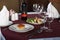 Red caviar and salad on the serving table