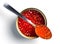 Red caviar of salmon fish. Metal can, spoon with caviar. White background