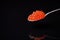 Red caviar in a spoon on a dark background with reflection below. Caviar, seafood, Shrovetide. Russian traditional food