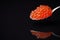 Red caviar in a spoon on a dark background with reflection below. Caviar, seafood, Shrovetide. Russian traditional food