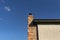 A red ceramic brick chimney standing at the rear of the building, by the facade, with a blue sky in the background.