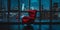 Red chair by a panoramic window overlooking a cityscape at night. modern interior design. urban solitude concept. AI