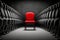 Red chair stands out among rows of black chairs, Generative AI