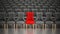 Red chair stands out among rows of gray fabric chairs. 3D illustration