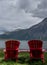 Red Chairs Look Over Waterton Lake
