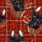 Red checked fabric pattern. scotch terrier dog on the check plaid seamless texture. watercolor tartar background.