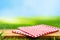 Red checked tablecloth on wood with blur green courtyard background.Summer and picnic concepts.Design for key visual food and