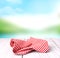 Red checkered picnic cloth on wooden table empty space background.