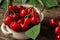 Red cherries, cherries on table, bowl with cherries, freshly pic