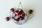 Red cherries in transparent glass bowl on light background.