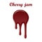 Red cherry drip confiture 3D. Berry sweet jam spot isolated white background. Drips flowing down stain. Drop realistic