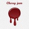 Red cherry drip confiture 3D. Berry sweet jam spot isolated white transparent background. Drips down stain. Drop