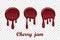 Red cherry drip confiture 3D set. Berry sweet jam spot isolated white transparent background. Drips flowing down stain