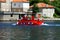 The red children submarine  sails on the Bay of Kotor. Crna Gora in spring, Summer, water  transport