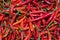 Red chili background. Top view of fresh red peppers in the market. Red pepper is an important ingredient in Asian food
