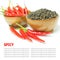 Red chili pepper and black pepper spicy isolated on white